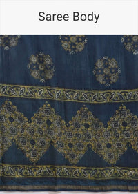 Navy Blue Saree In Cotton With Yellow Block Print And Applique Work On The Pallu