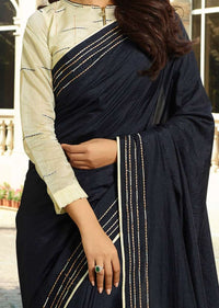 Navy Blue Saree In Dupion Silk With Running Thread Work Online - Kalki Fashion