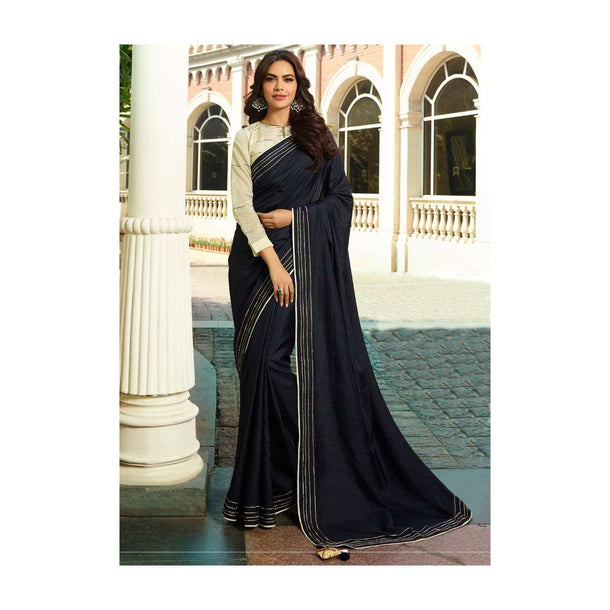 Navy Blue Saree In Dupion Silk With Running Thread Work Online - Kalki Fashion