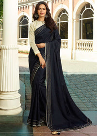 Navy Blue Saree In Dupion Silk With Running Thread Work Online - Kalki Fashion