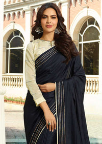 Navy Blue Saree In Dupion Silk With Running Thread Work Online - Kalki Fashion