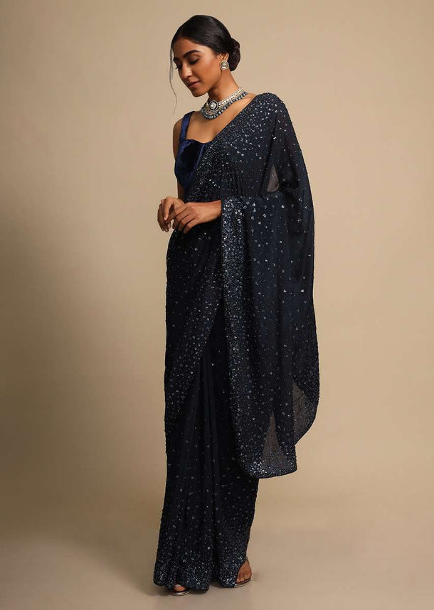 Navy Blue Saree In Chiffon With Sequins Work In Gradient Pattern