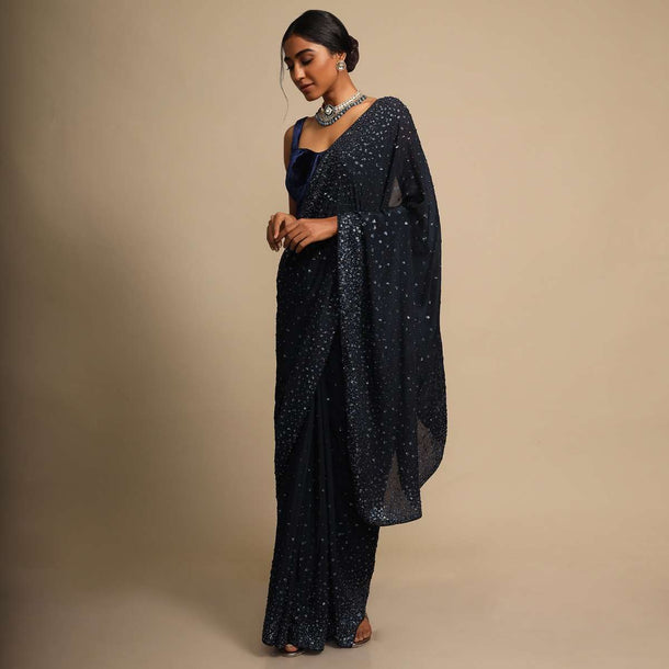 Navy Blue Saree In Chiffon With Sequins Work In Gradient Pattern