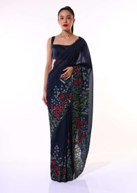 Navy Blue Saree In Organza Featuring Colorful Resham Embroidered Floral Design On The Border Paired With Unstitched Blouse Online - Kalki Fashion
