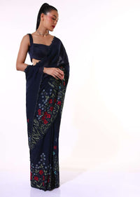 Navy Blue Saree In Organza Featuring Colorful Resham Embroidered Floral Design On The Border Paired With Unstitched Blouse Online - Kalki Fashion