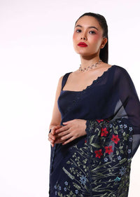 Navy Blue Saree In Organza Featuring Colorful Resham Embroidered Floral Design On The Border Paired With Unstitched Blouse Online - Kalki Fashion
