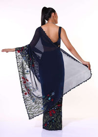 Navy Blue Saree In Organza Featuring Colorful Resham Embroidered Floral Design On The Border Paired With Unstitched Blouse Online - Kalki Fashion