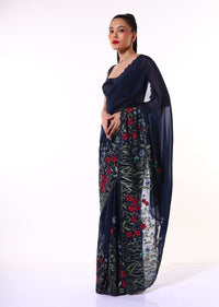 Navy Blue Saree In Organza Featuring Colorful Resham Embroidered Floral Design On The Border Paired With Unstitched Blouse Online - Kalki Fashion