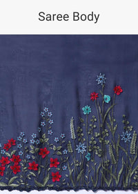 Navy Blue Saree In Organza Featuring Colorful Resham Embroidered Floral Design On The Border Paired With Unstitched Blouse Online - Kalki Fashion