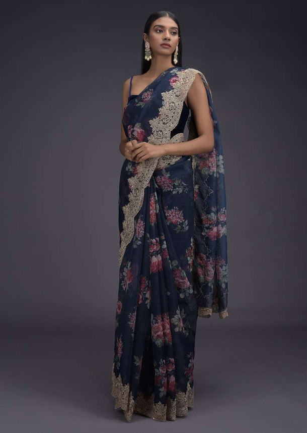 Navy Blue Saree In Organza With Printed Floral Motifs And Scalloped Zari Lace On The Border Online - Kalki Fashion