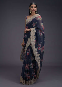 Navy Blue Saree In Organza With Printed Floral Motifs And Scalloped Zari Lace On The Border Online - Kalki Fashion