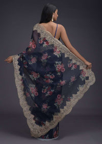 Navy Blue Saree In Organza With Printed Floral Motifs And Scalloped Zari Lace On The Border Online - Kalki Fashion