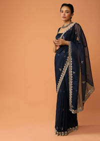 Navy Blue Saree In Organza With Sequins And Cut Dana Embroidered Floral Buttis And Border Design