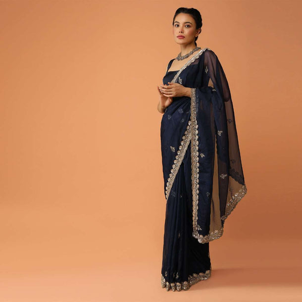 Navy Blue Saree In Organza With Sequins And Cut Dana Embroidered Floral Buttis And Border Design