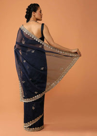 Navy Blue Saree In Organza With Sequins And Cut Dana Embroidered Floral Buttis And Border Design