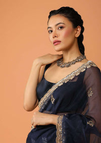 Navy Blue Saree In Organza With Sequins And Cut Dana Embroidered Floral Buttis And Border Design