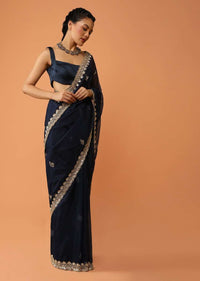 Navy Blue Saree In Organza With Sequins And Cut Dana Embroidered Floral Buttis And Border Design