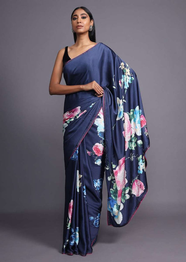 Navy Blue Saree In Satin Blend Adorned With Floral Print And Kundan Accents Online - Kalki Fashion