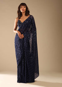 Navy Blue Sequins Saree With Velvet Blouse