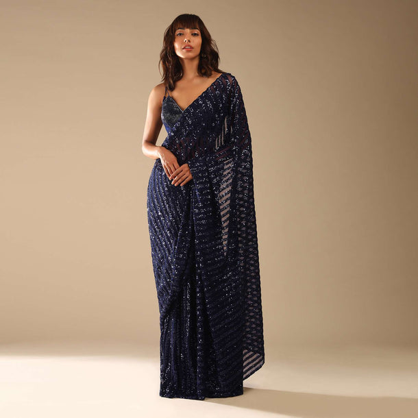 Navy Blue Sequins Saree With Velvet Blouse