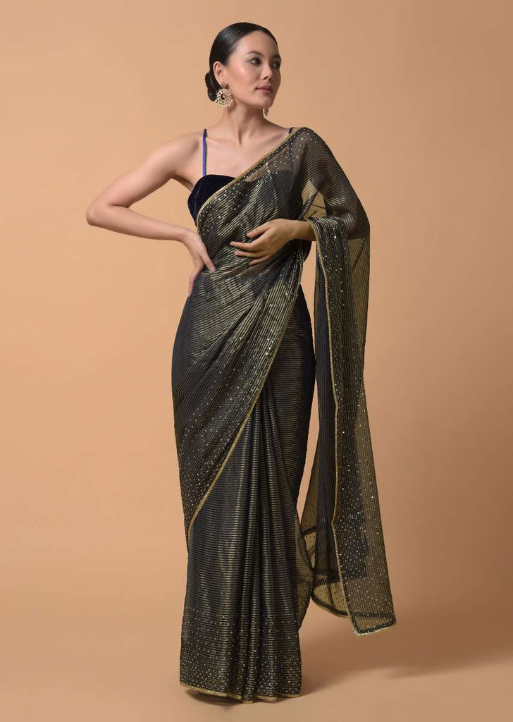 Navy Blue Saree In Zari Kota Silk With Woven Zari Stripes And Sequins Highlights Online - Kalki Fashion