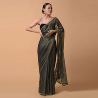 Navy Blue Saree In Zari Kota Silk With Woven Zari Stripes And Sequins Highlights Online - Kalki Fashion