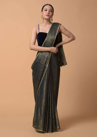 Navy Blue Saree In Zari Kota Silk With Woven Zari Stripes And Sequins Highlights Online - Kalki Fashion