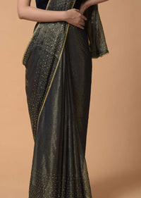 Navy Blue Saree In Zari Kota Silk With Woven Zari Stripes And Sequins Highlights Online - Kalki Fashion