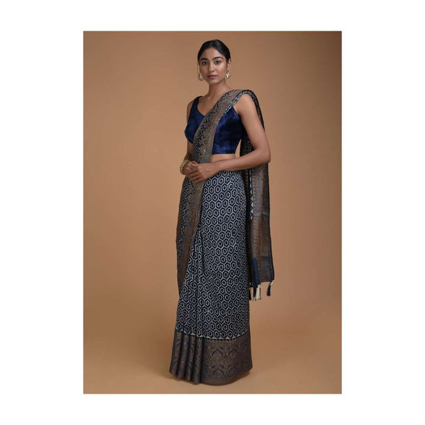 Navy Blue Saree With Honeycomb Print And Sequins Abla Work Online - Kalki Fashion