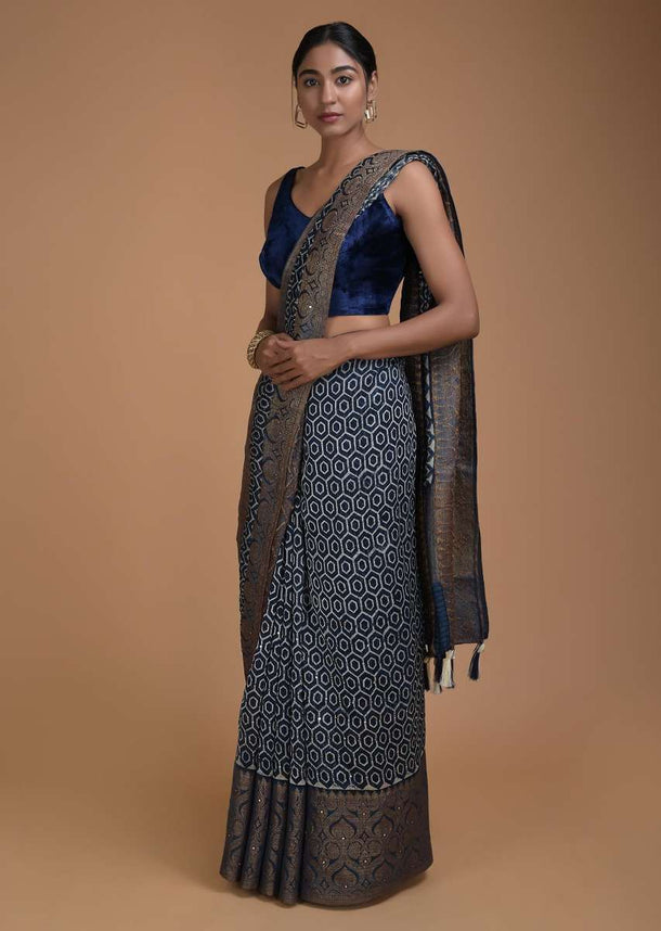 Navy Blue Saree With Honeycomb Print And Sequins Abla Work Online - Kalki Fashion