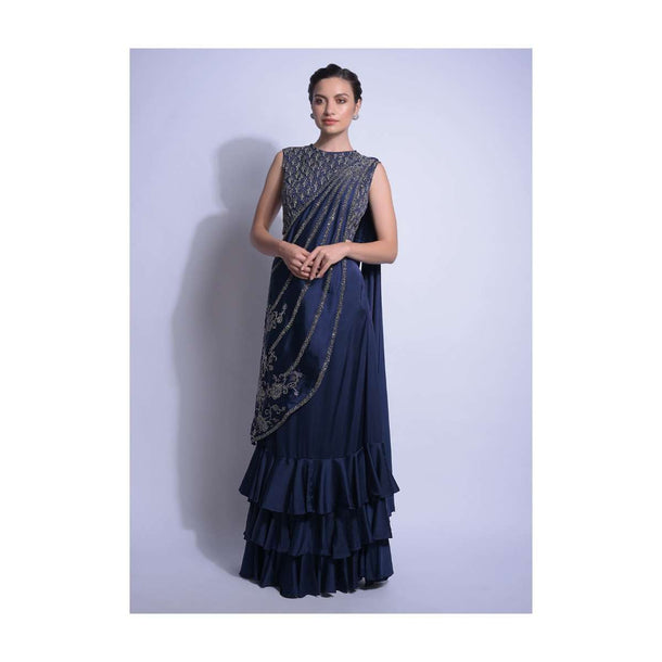 Navy Blue Saree With Layered Ruffles And Ready Stitched Embellished Pallu Online - Kalki Fashion