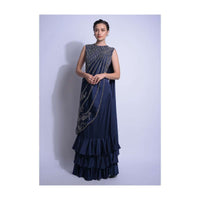 Navy Blue Saree With Layered Ruffles And Ready Stitched Embellished Pallu Online - Kalki Fashion