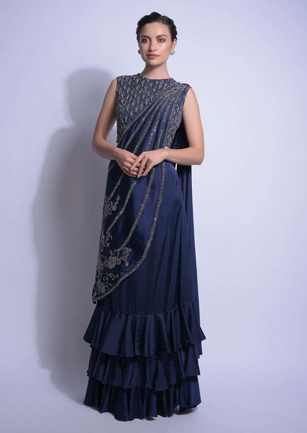 Navy Blue Saree With Layered Ruffles And Ready Stitched Embellished Pallu Online - Kalki Fashion