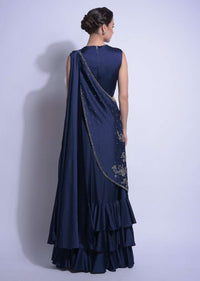 Navy Blue Saree With Layered Ruffles And Ready Stitched Embellished Pallu Online - Kalki Fashion