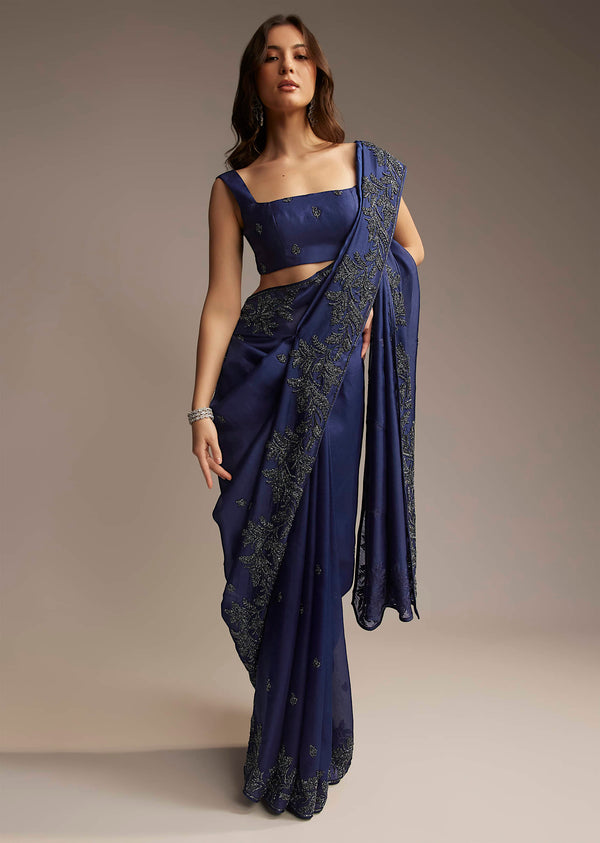 Navy Blue Satin Saree with Cutdana Embroidery