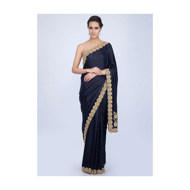 Navy Blue Saree Insatin Silk With Scallop Embroidered Border Online - Kalki Fashion