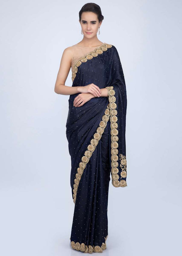 Navy Blue Saree Insatin Silk With Scallop Embroidered Border Online - Kalki Fashion