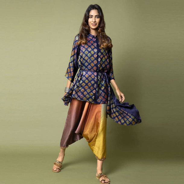 Navy Blue Shirt With Watercolor Bandhani And Hand Embroidery Paired With Twilight Shaded Cowl Pants Online - Kalki Fashion