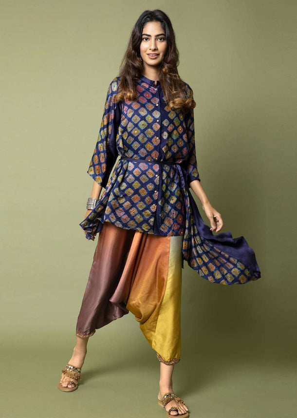 Navy Blue Shirt With Watercolor Bandhani And Hand Embroidery Paired With Twilight Shaded Cowl Pants Online - Kalki Fashion