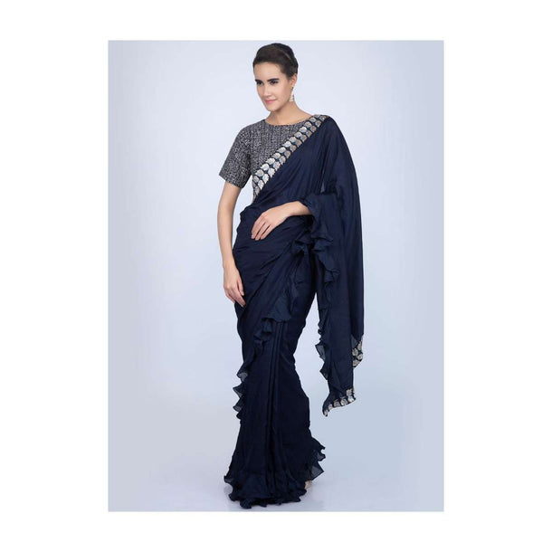 Navy blue silk saree with ruffled hem and pallo only on Kalki