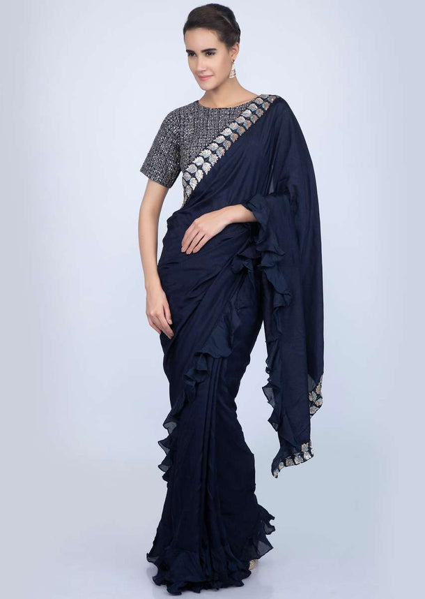 Navy blue silk saree with ruffled hem and pallo only on Kalki