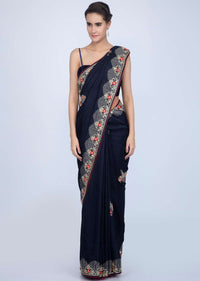 Navy blue silk saree with embroidery and butti only on Kalki