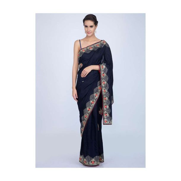 Navy blue silk saree with embroidery and butti only on Kalki