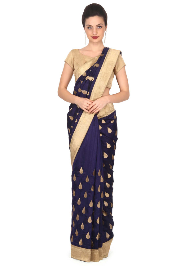 Navy blue silk saree with weave embroidery only on Kalki