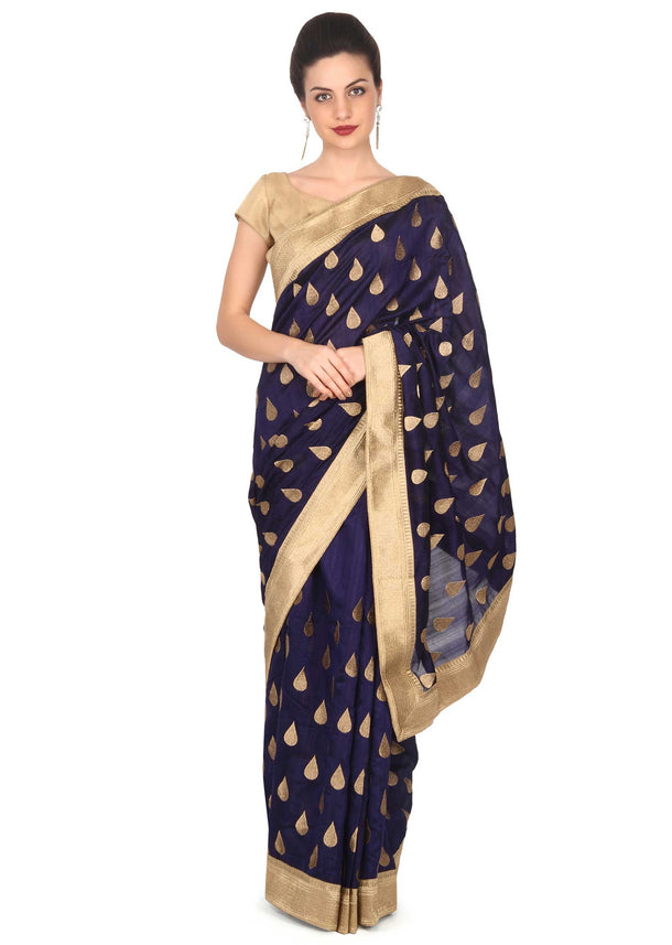 Navy blue silk saree with weave embroidery only on Kalki