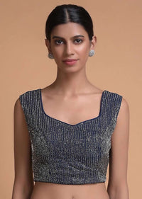 Navy Blue Sleeveless Blouse In Raw Silk Adorned With Cut Dana Work All Over Online - Kalki Fashion