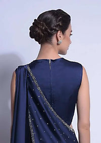 Navy Blue Sleeveless Blouse In Satin Embellished With Beads And Sequins In Scallop Motifs Online - Kalki Fashion