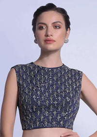 Navy Blue Sleeveless Blouse In Satin Embellished With Beads And Sequins In Scallop Motifs Online - Kalki Fashion