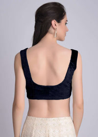 Navy blue Sleeveless Blouse In Velvet With U Neckline