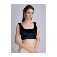 Navy blue Sleeveless Blouse In Velvet With U Neckline